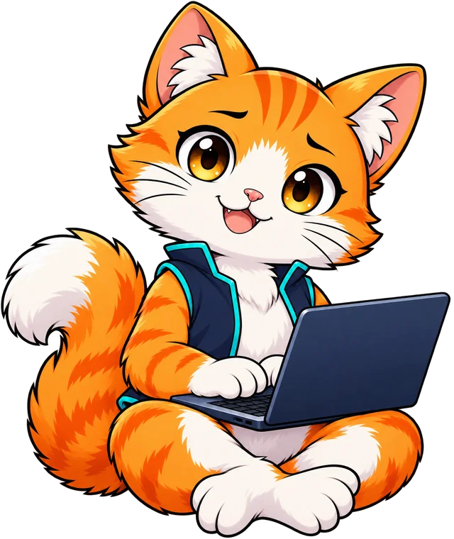 MADO Works orange cat mascot working on a laptop